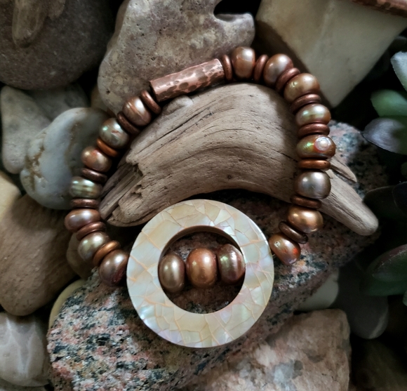 Artisan Pearl and Hammered Copper Bracelet - Picture 1 of 5